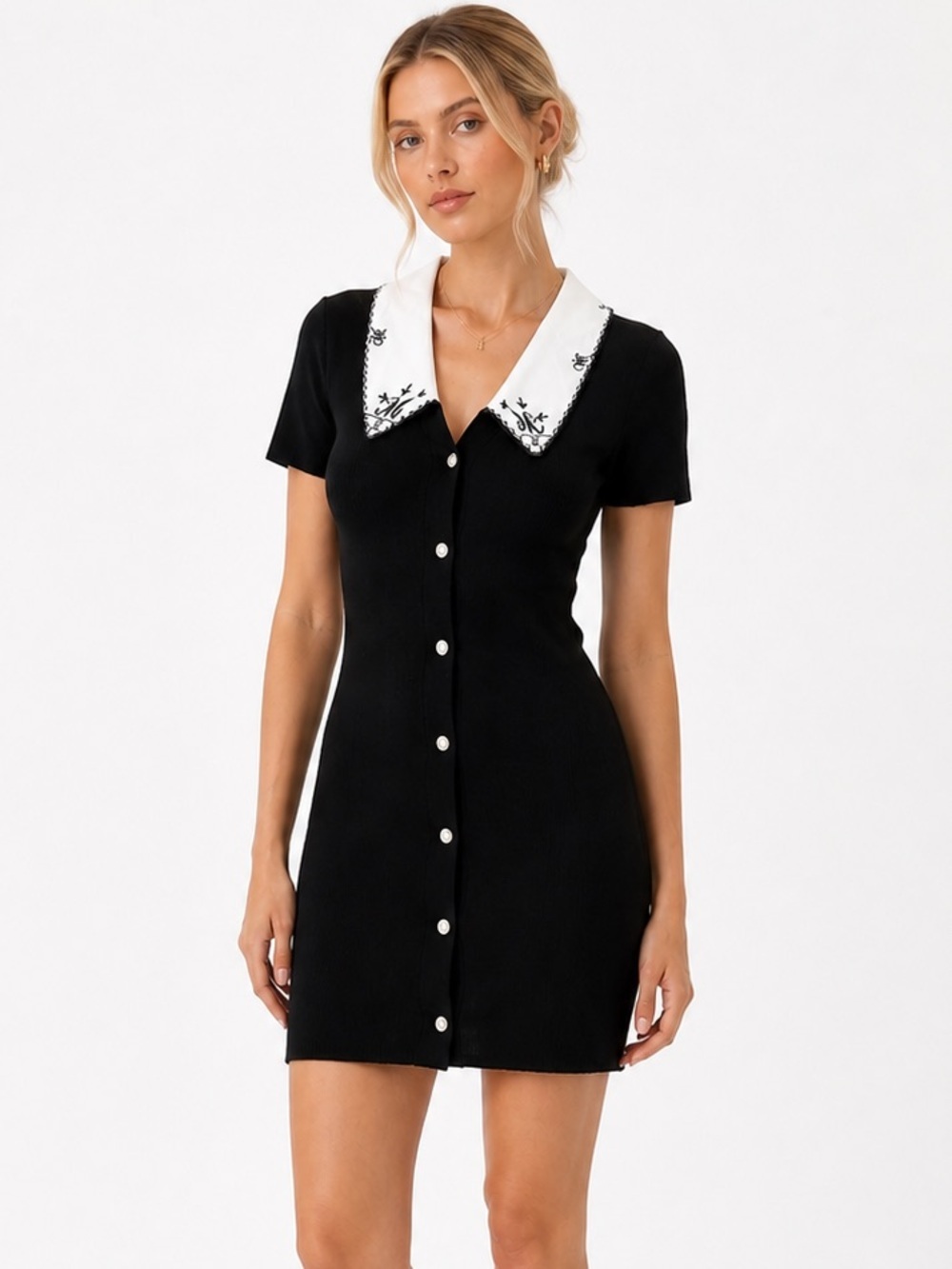 Maje Black Knit Mini Dress White Embroidered Collar Size 10 NWT